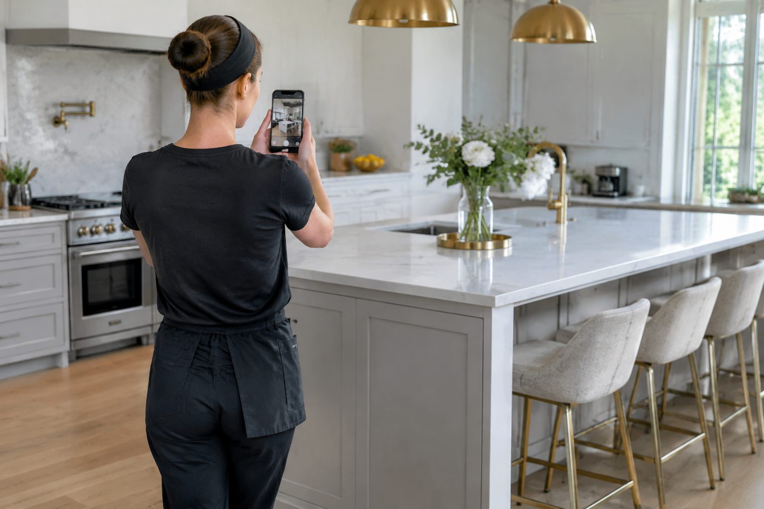 ORDO Mitarbeiterin dokumentiert die gereinigte Küche per Smartphone für den Fotobericht