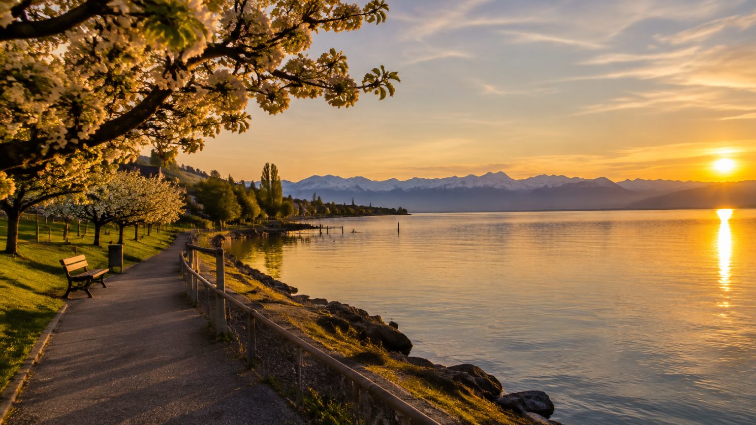 Abendstimmung am Bodensee im Thurgau mit Uferpromenade und Alpenblick