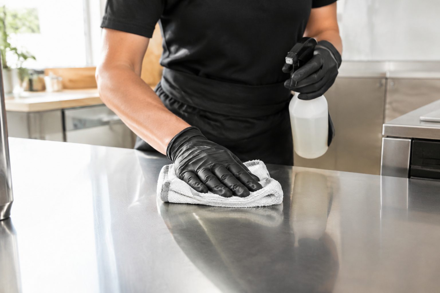 Tiefenreinigung einer Edelstahl-Küchenfläche mit schwarzen Handschuhen